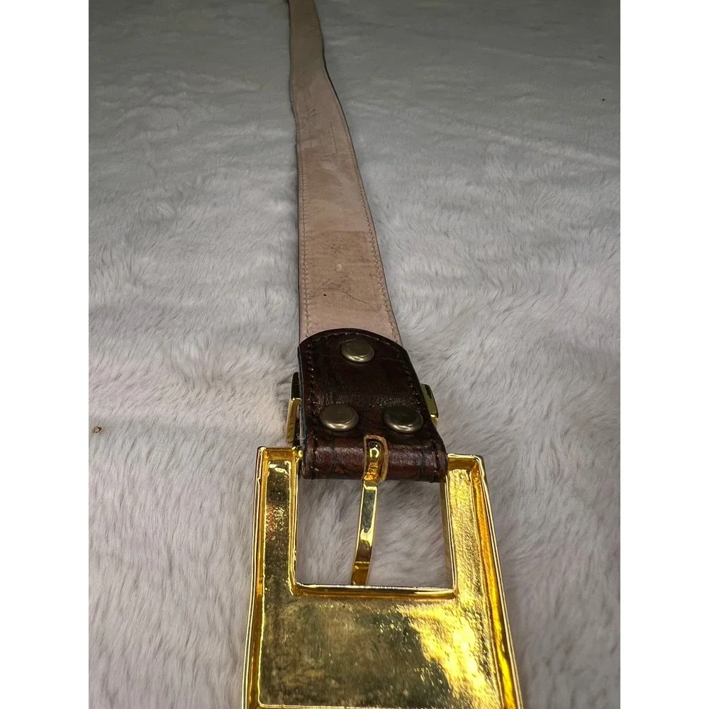 VTG Jo Ann's Leather Belt Gold Lattice Buckle Textured Brown 32